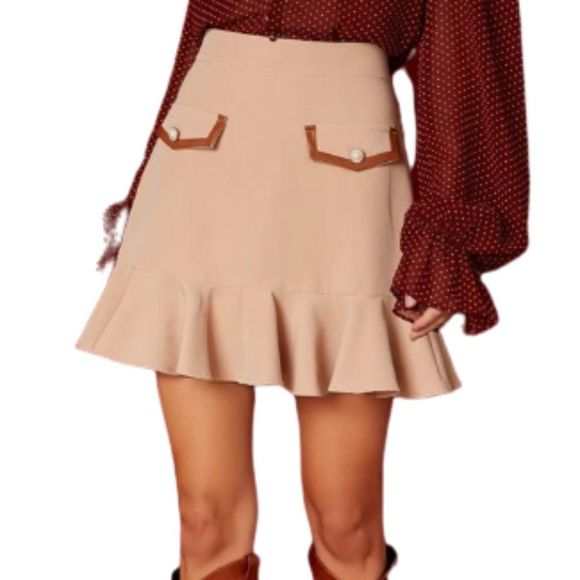 Trumpet hem mini skirt with faux pearl buttons and faux leather accents, XS - Picture 1 of 3